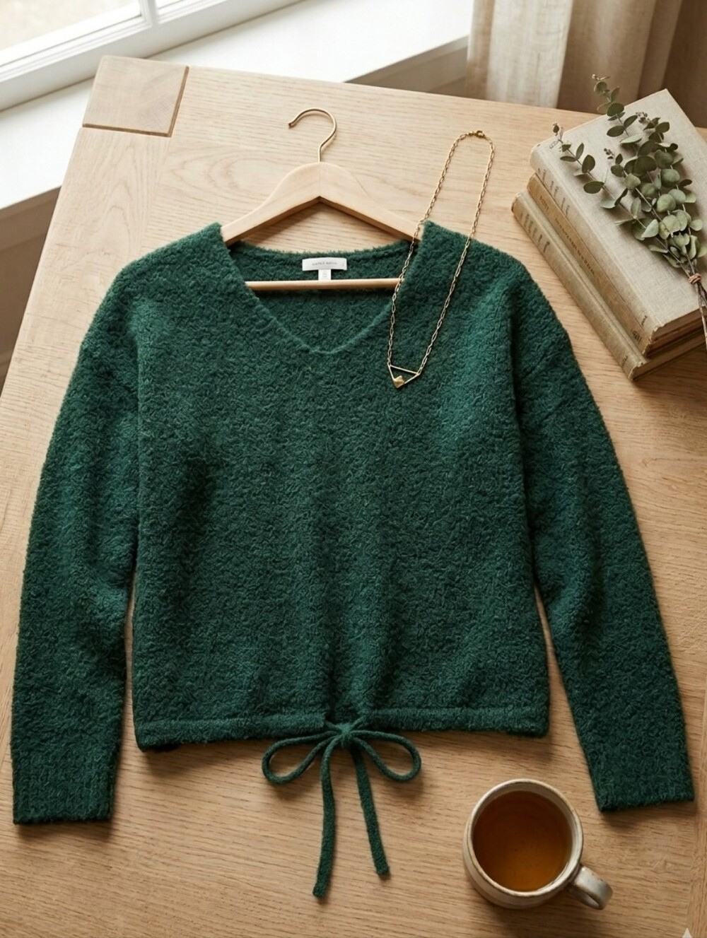 Olivia Sky Fuzzy Hunter Green V-neck Sweater Semi Cropped Pullover Shirt Top
